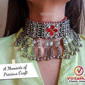 Tribal Glass Stones Choker Necklace With Dangling Tassels, Silver Kuchi Choker